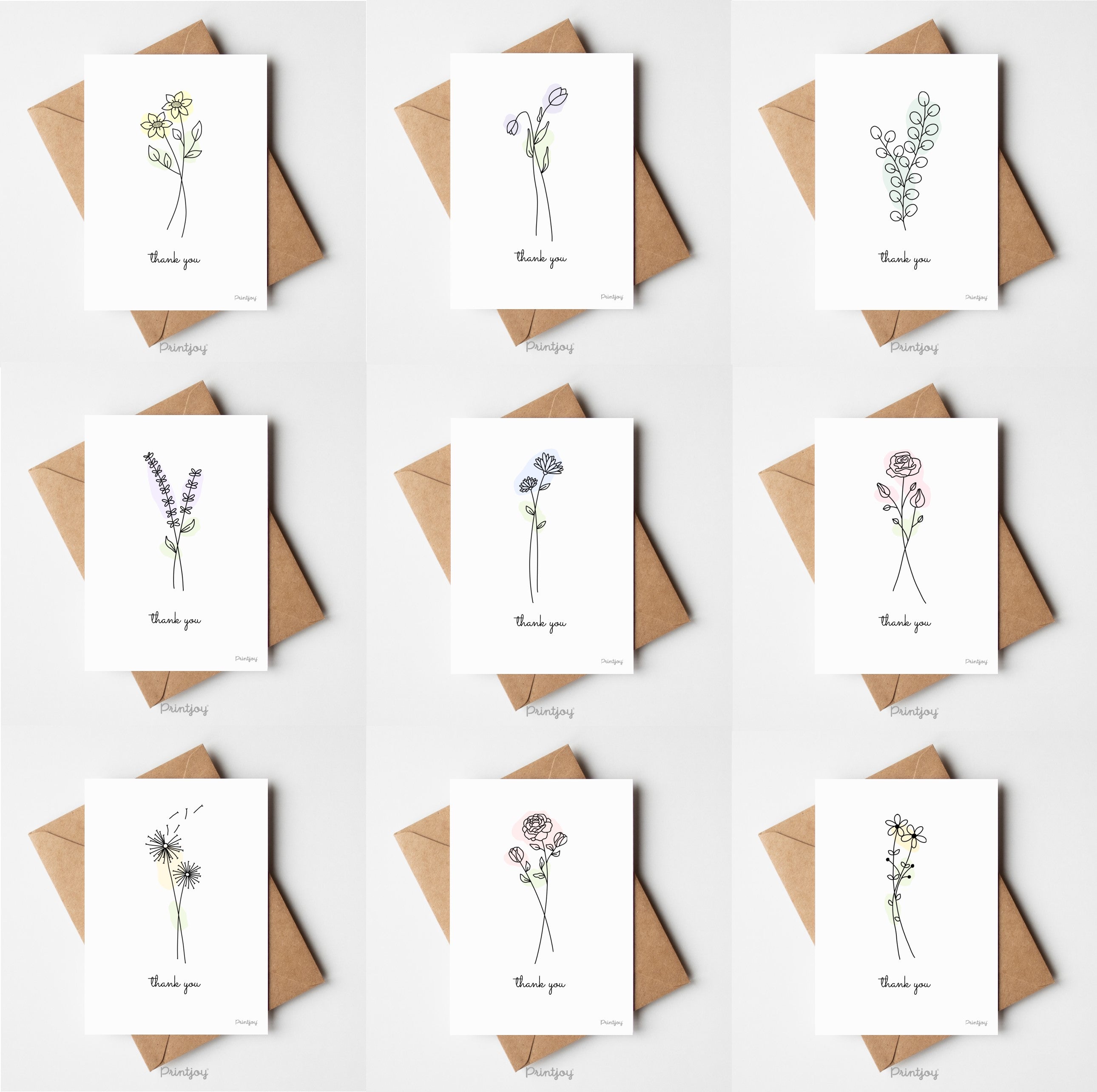 Thank You Greeting Card Stationery Lovely Floral Line Art Free Printable - Printjoy