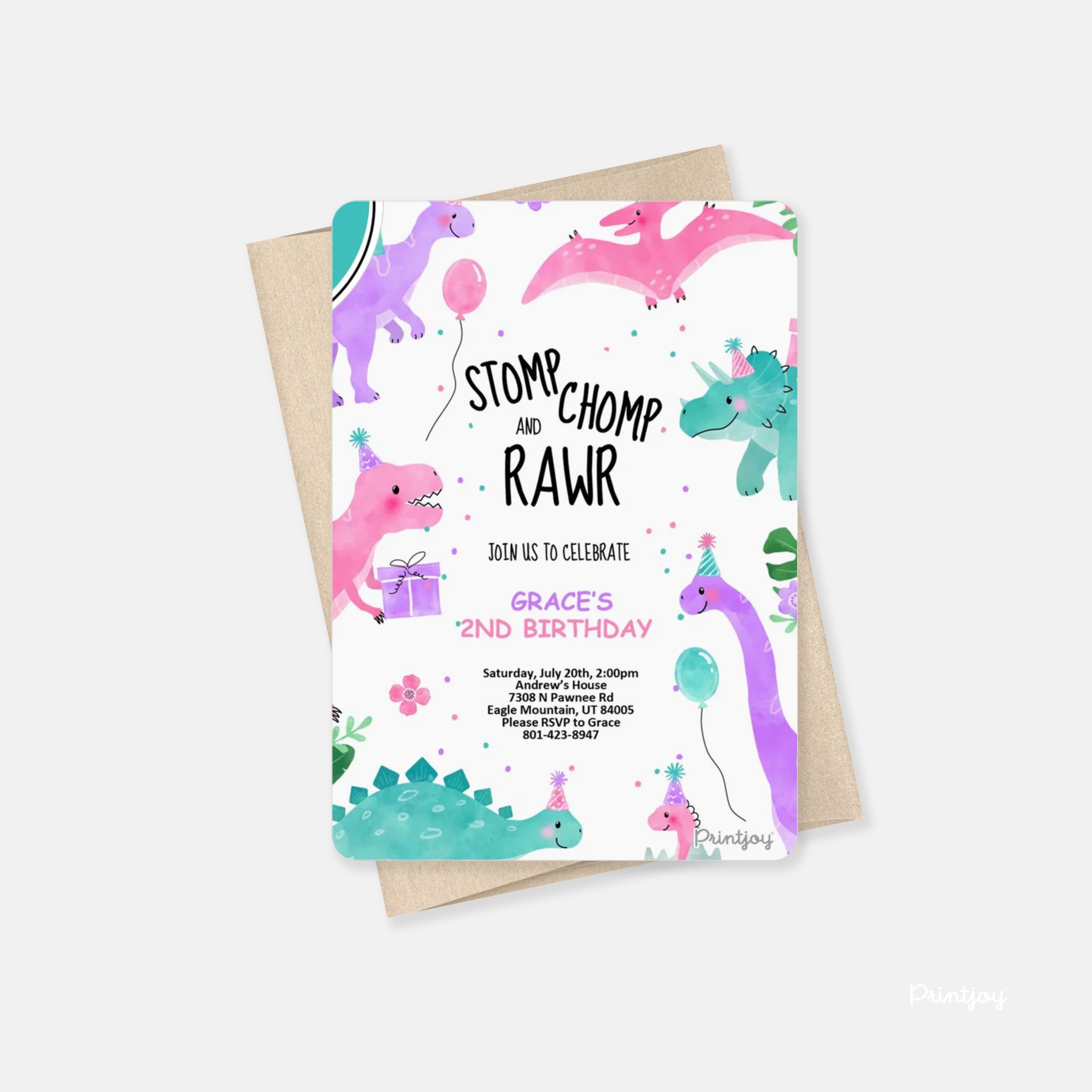 Girls Dinosaur Cute Fun Modern Birthday Invite Printable - Printjoy