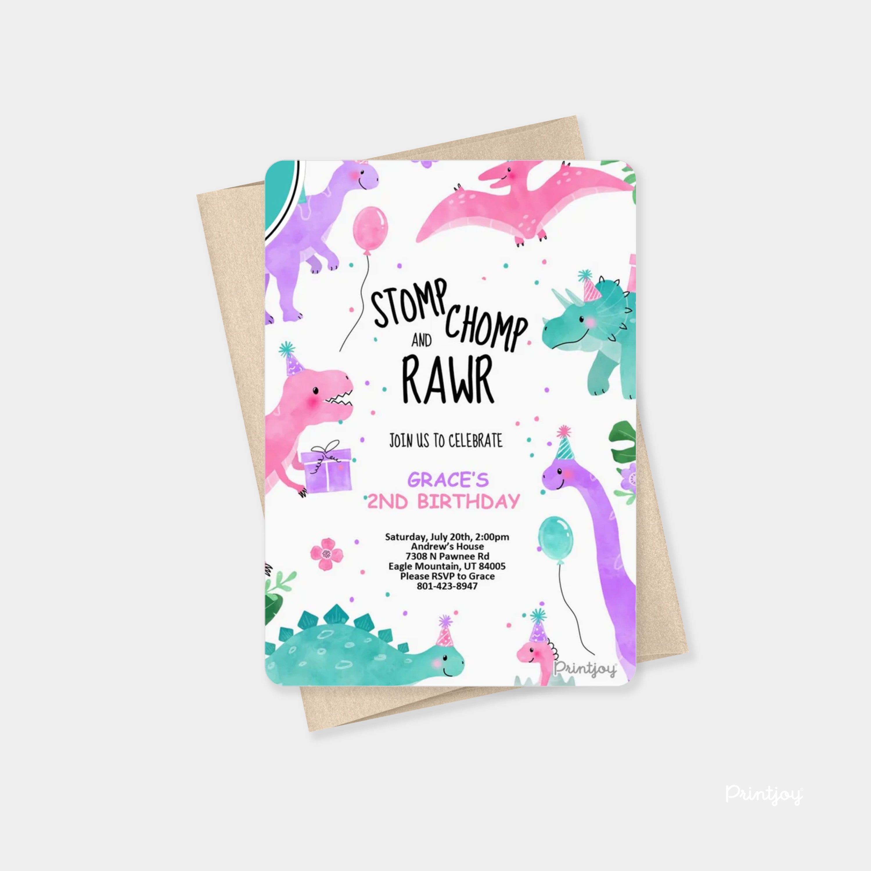 Girls Dinosaur Cute Fun Modern Birthday Invite Printable