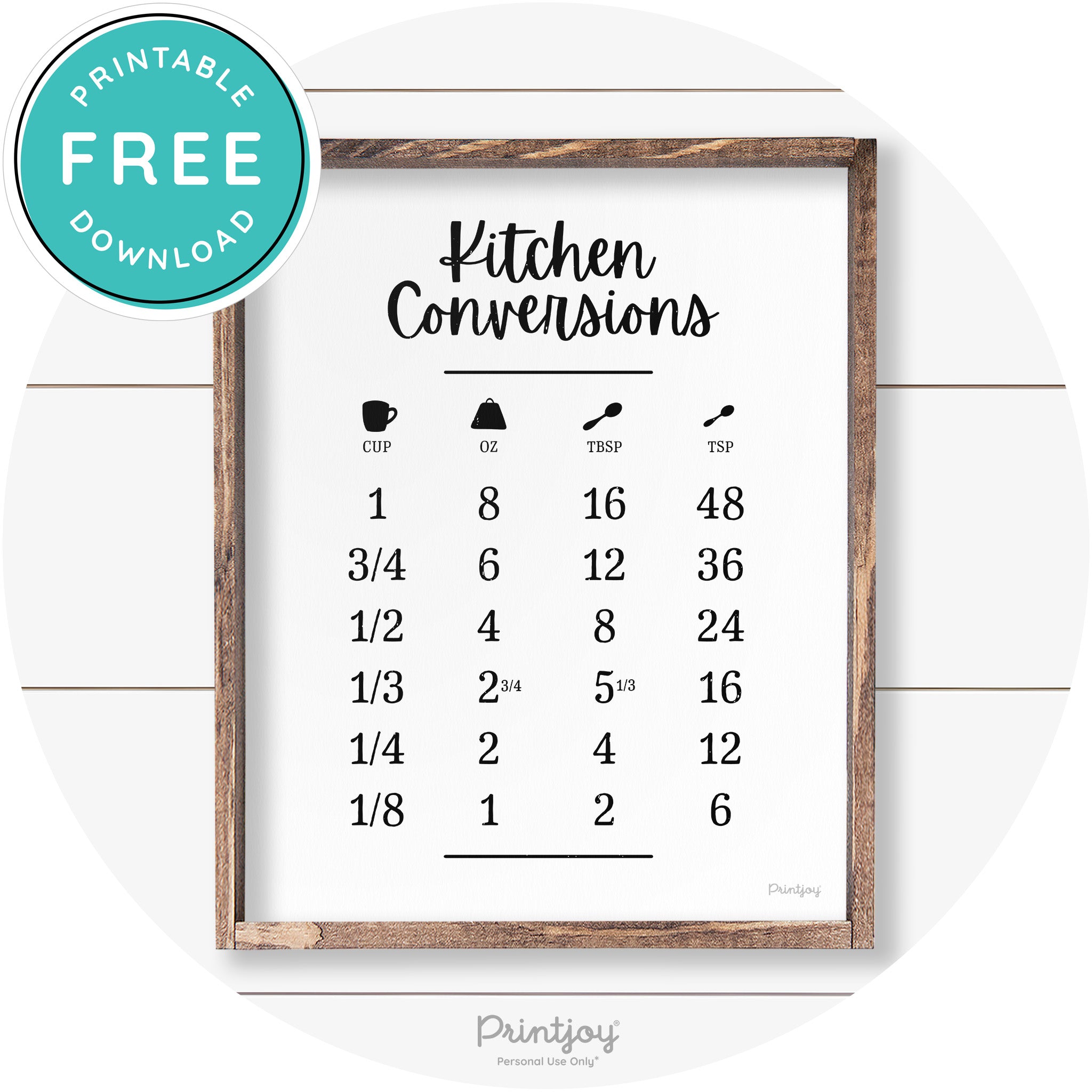 Kitchen Conversions Measuring Guide Farmhouse Art Free Printable