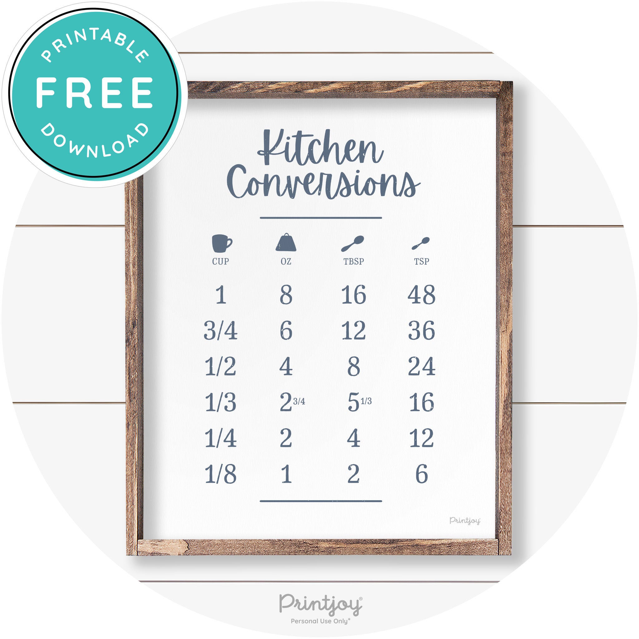 Kitchen Conversions Measuring Guide Farmhouse Art Free Printable