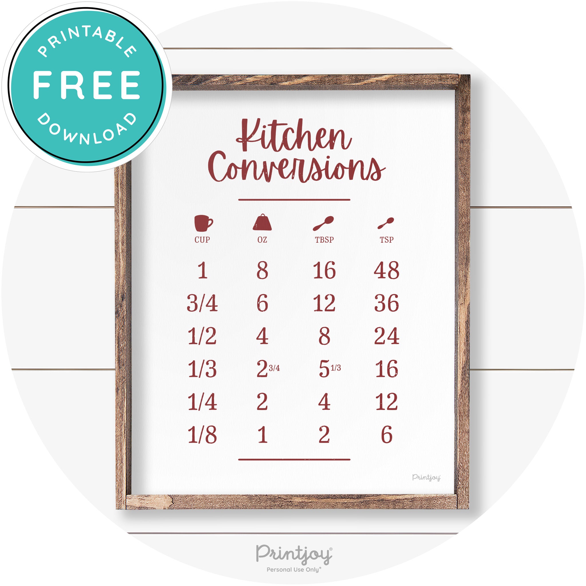 Kitchen Conversions Measuring Guide Farmhouse Art Free Printable
