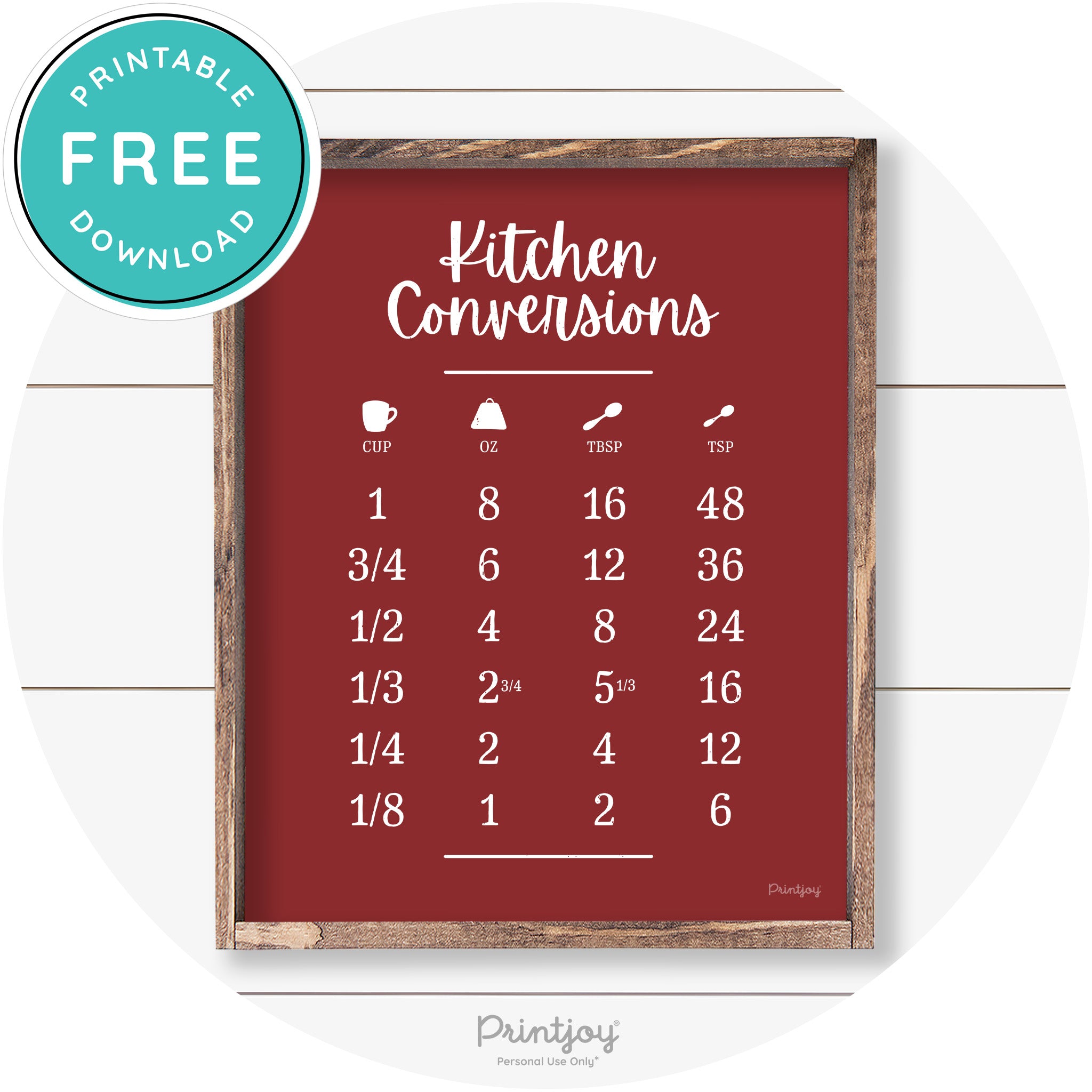 Kitchen Conversions Measuring Guide Farmhouse Art Free Printable