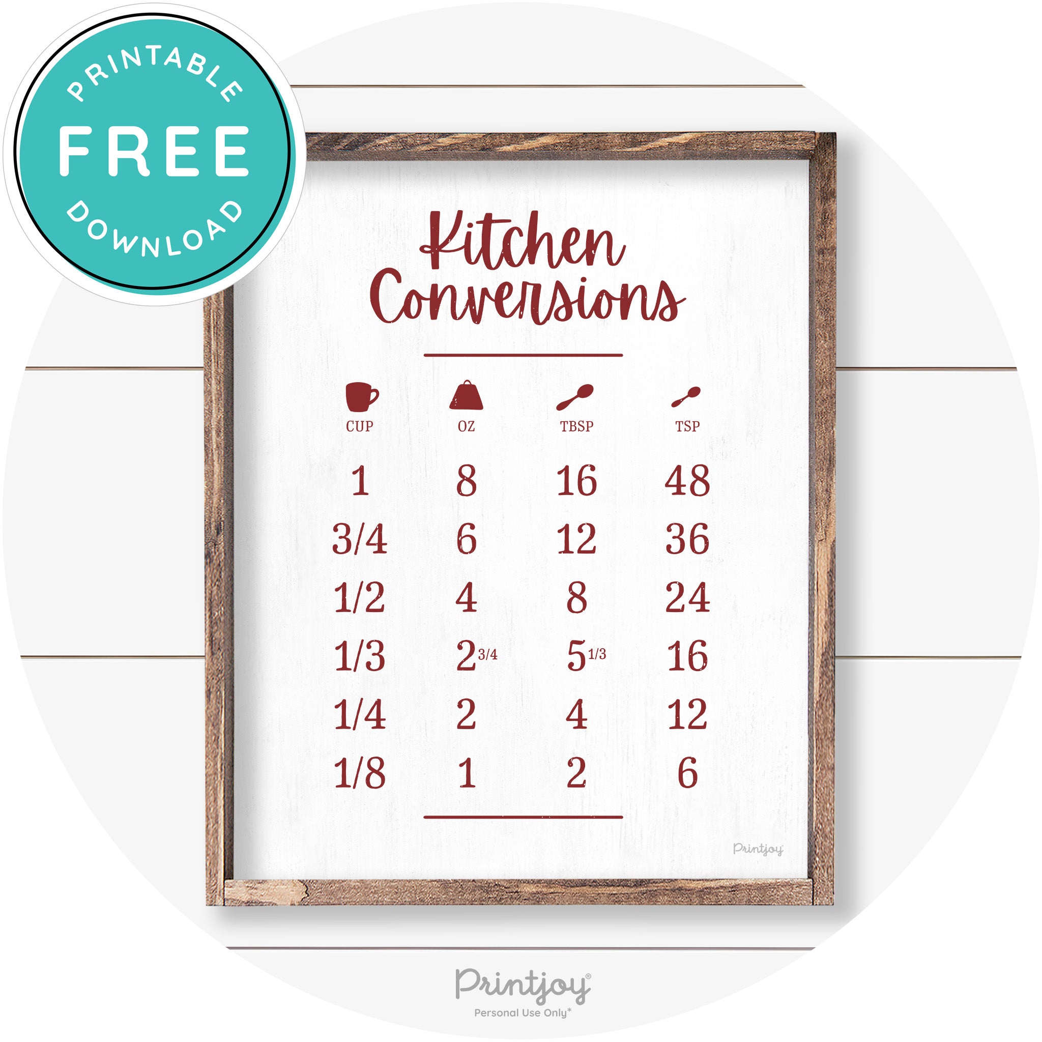 Kitchen Conversions Measuring Guide Farmhouse Art Free Printable