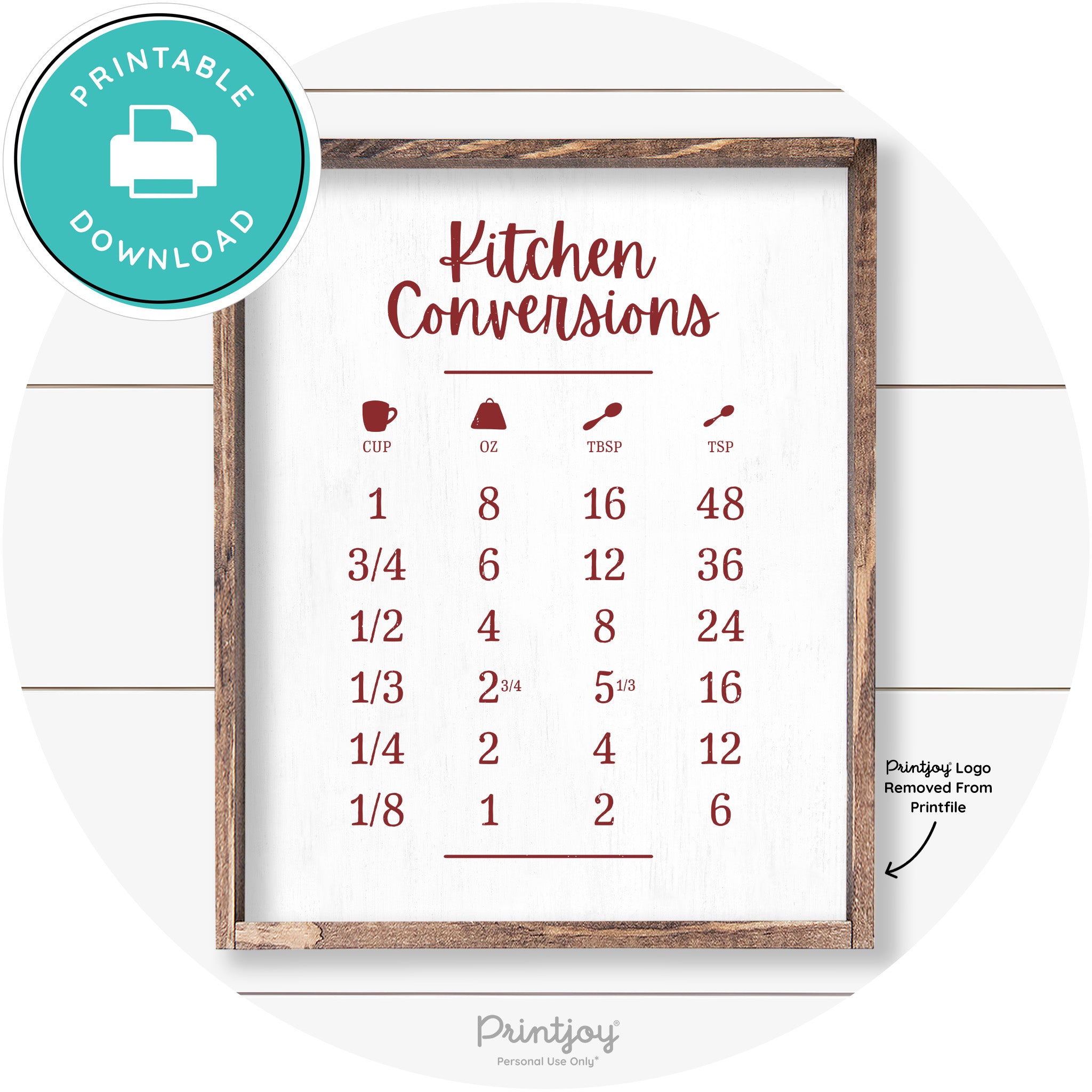 Kitchen Conversions Measuring Guide Farmhouse Art Free Printable