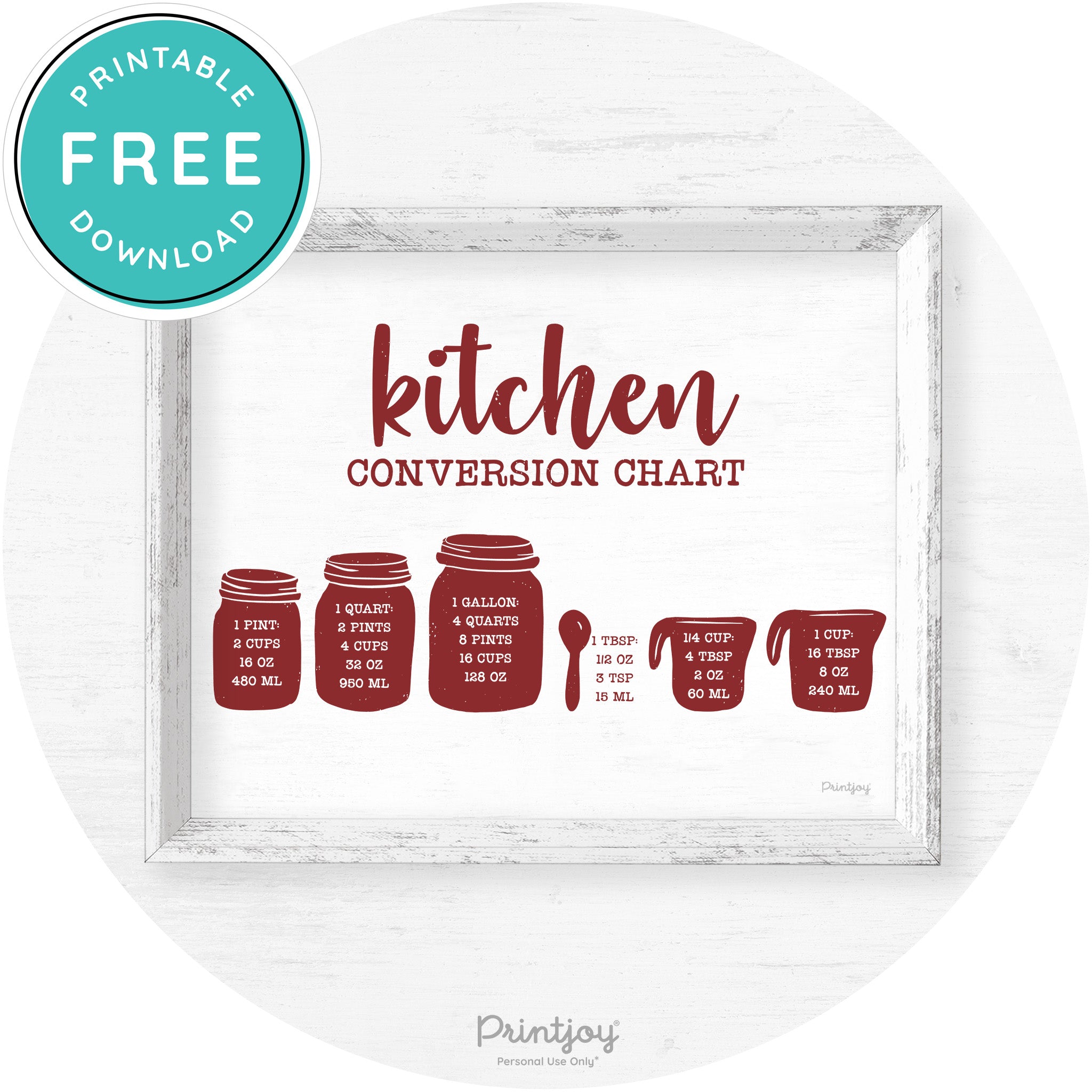 Measuring Cups Kitchen Conversion Chart Farmhouse Art Free Printable