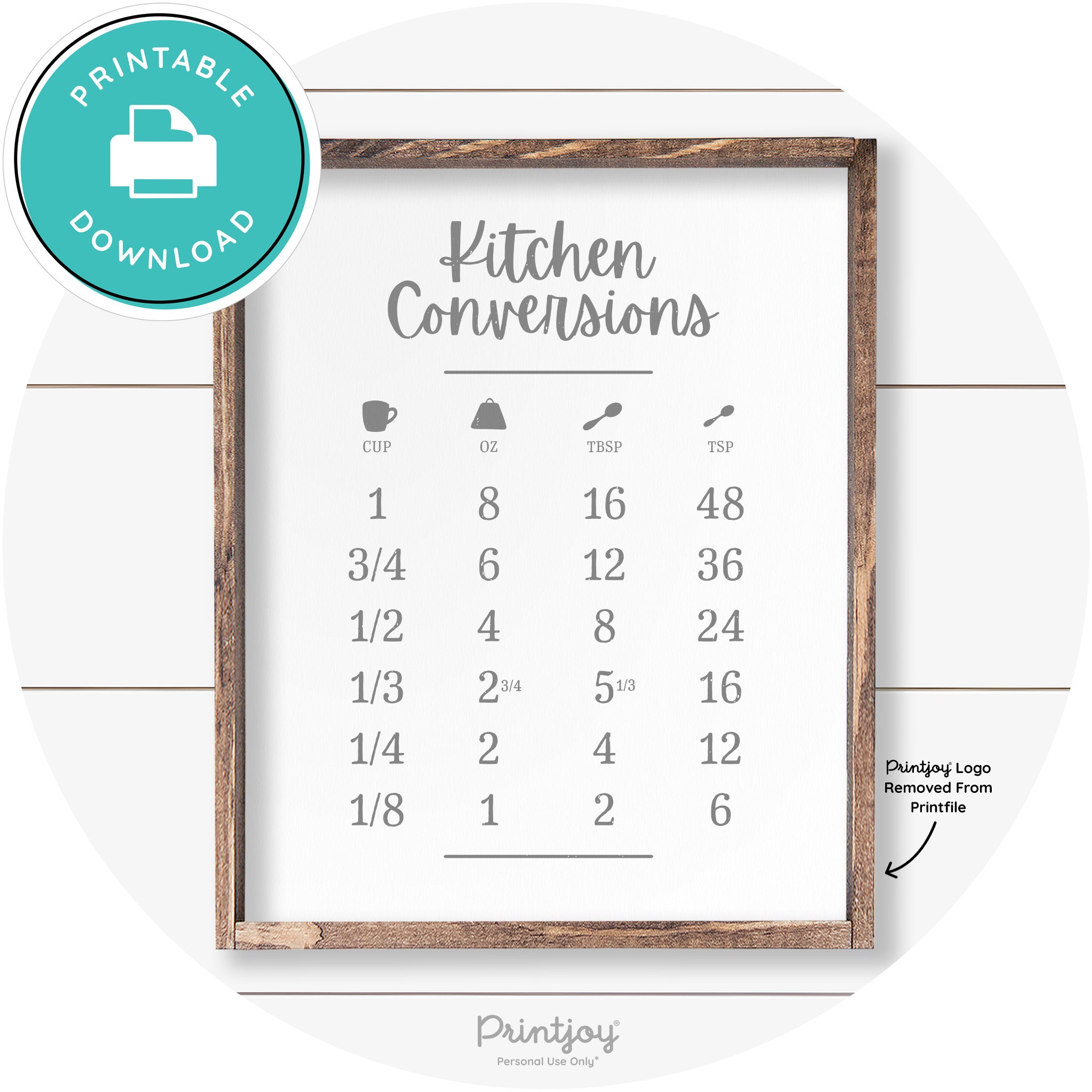 Kitchen Conversions Measuring Guide Farmhouse Art Free Printable
