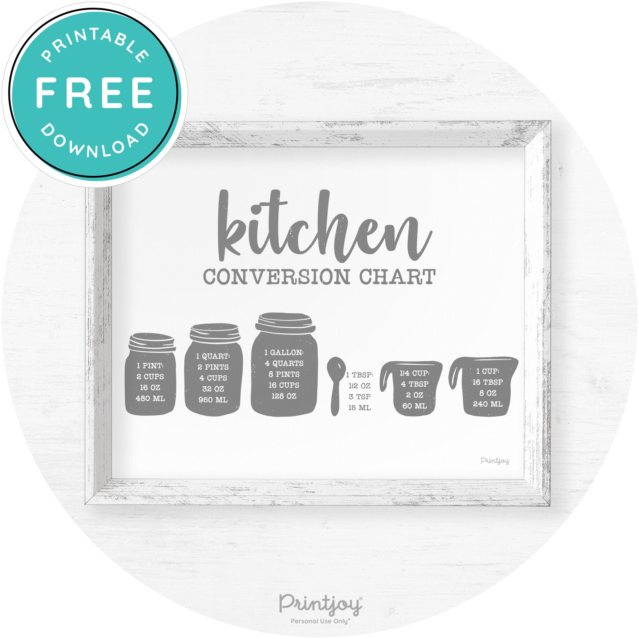 Measuring Cups Kitchen Conversion Chart Farmhouse Art Free Printable
