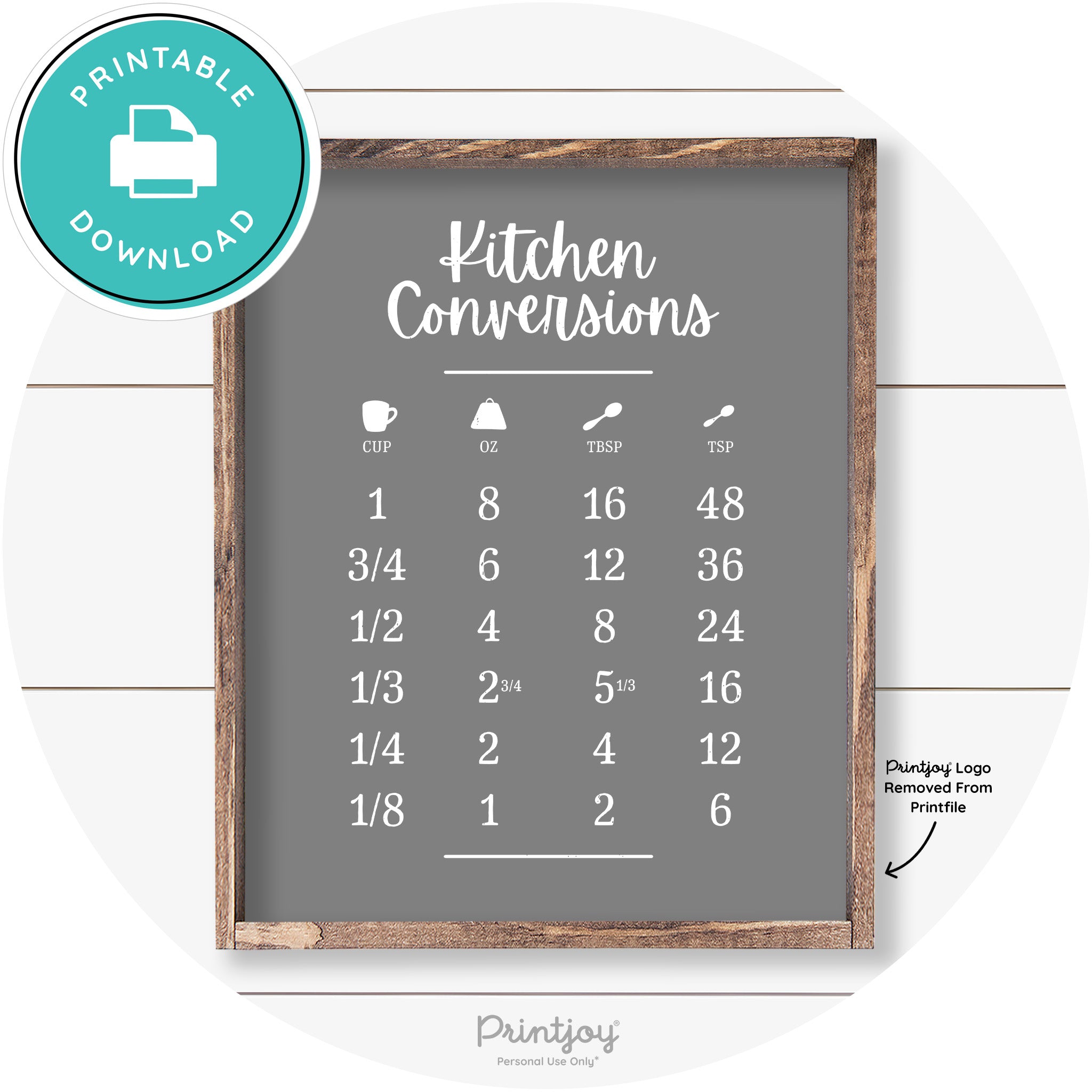 Kitchen Conversions Measuring Guide Farmhouse Art Free Printable