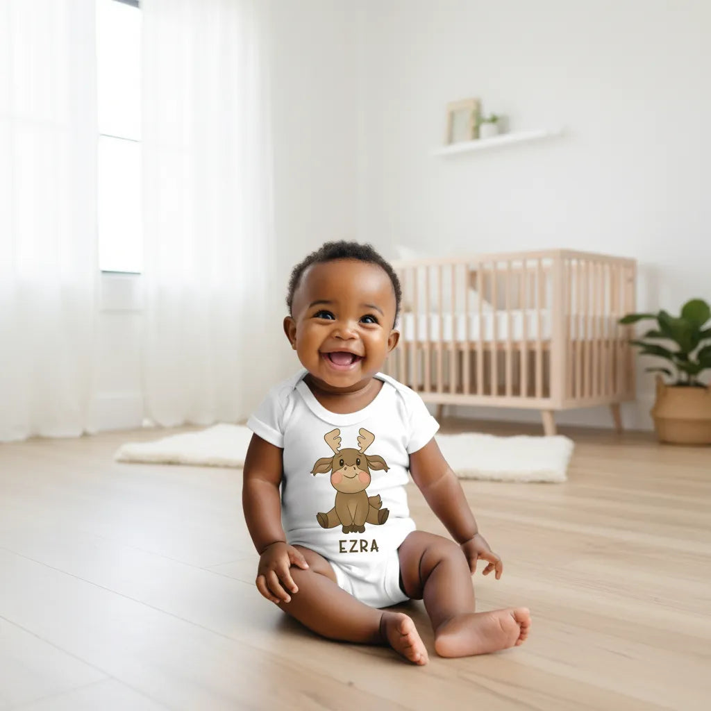 Baby Boy Woodland Friends Personalized Cartoon Moose Onesie - Printjoy