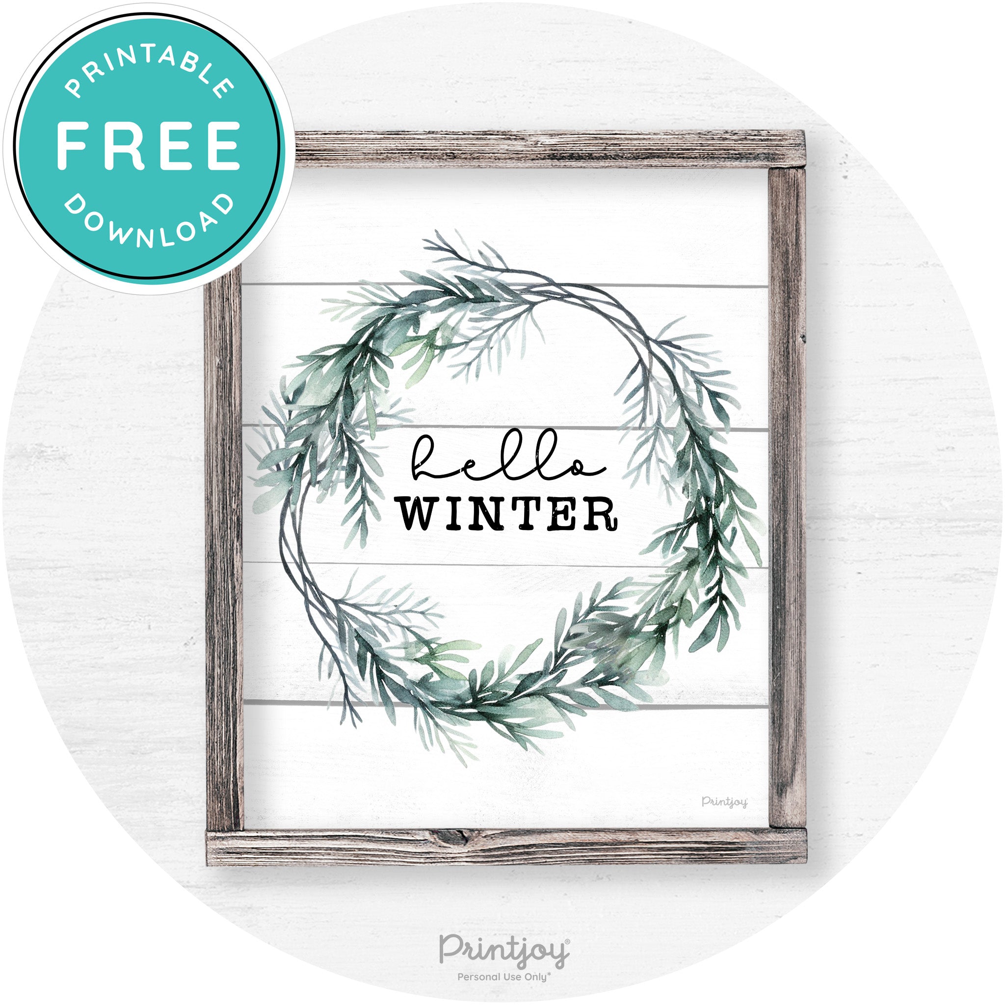 Hello Winter Watercolor Wreath Farmhouse Wall Art Free Printable - Printjoy