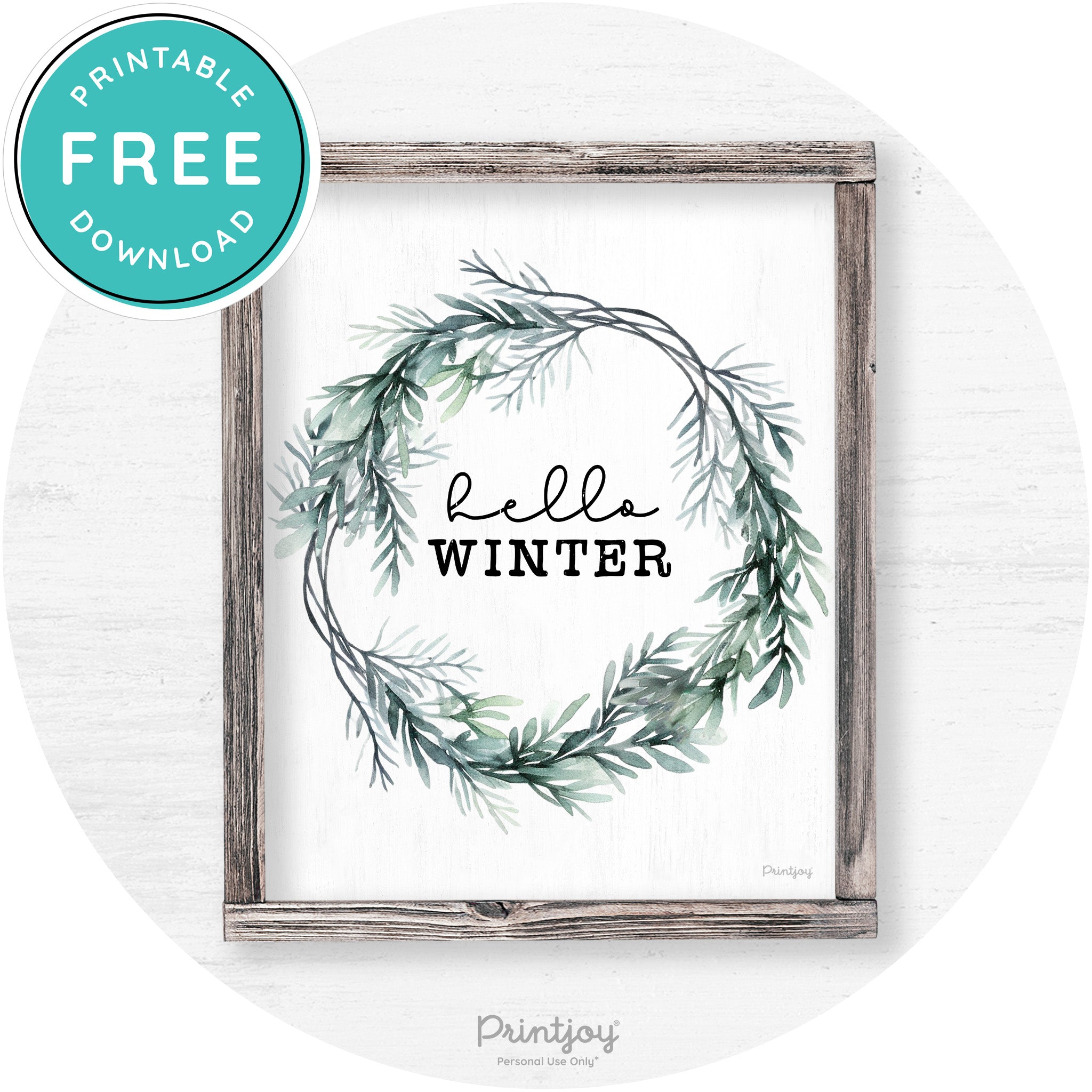 Hello Winter Watercolor Wreath Farmhouse Wall Art Free Printable - Printjoy
