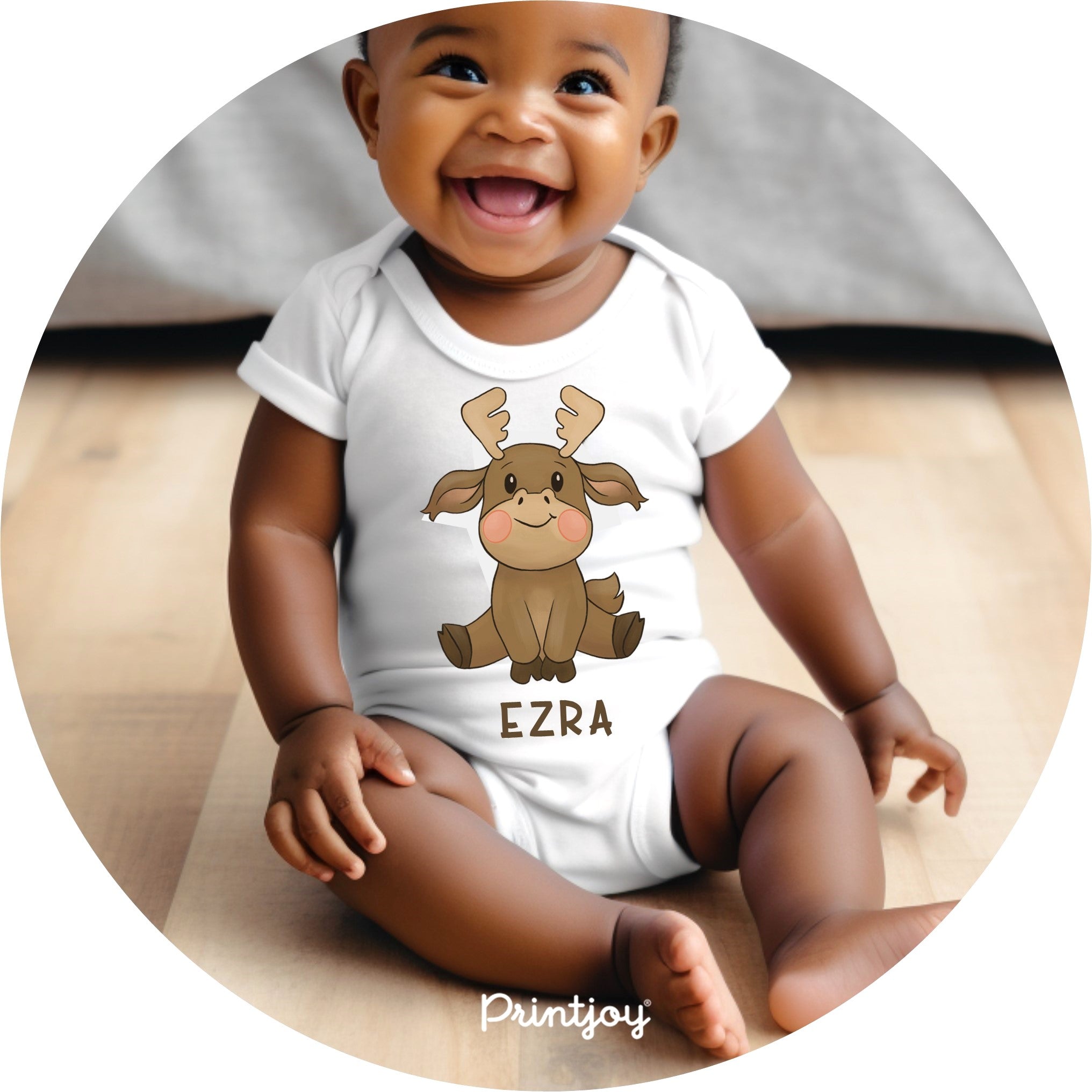 Baby Boy Woodland Friends Personalized Cartoon Moose Onesie - Printjoy
