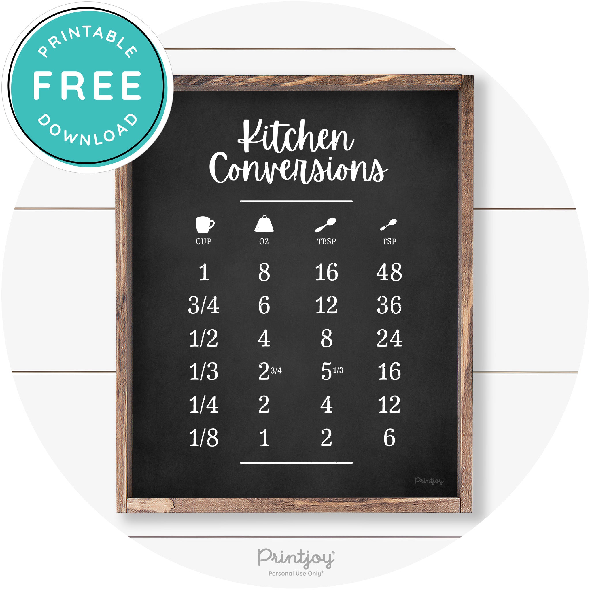 Kitchen Conversions Measuring Guide Farmhouse Art Free Printable
