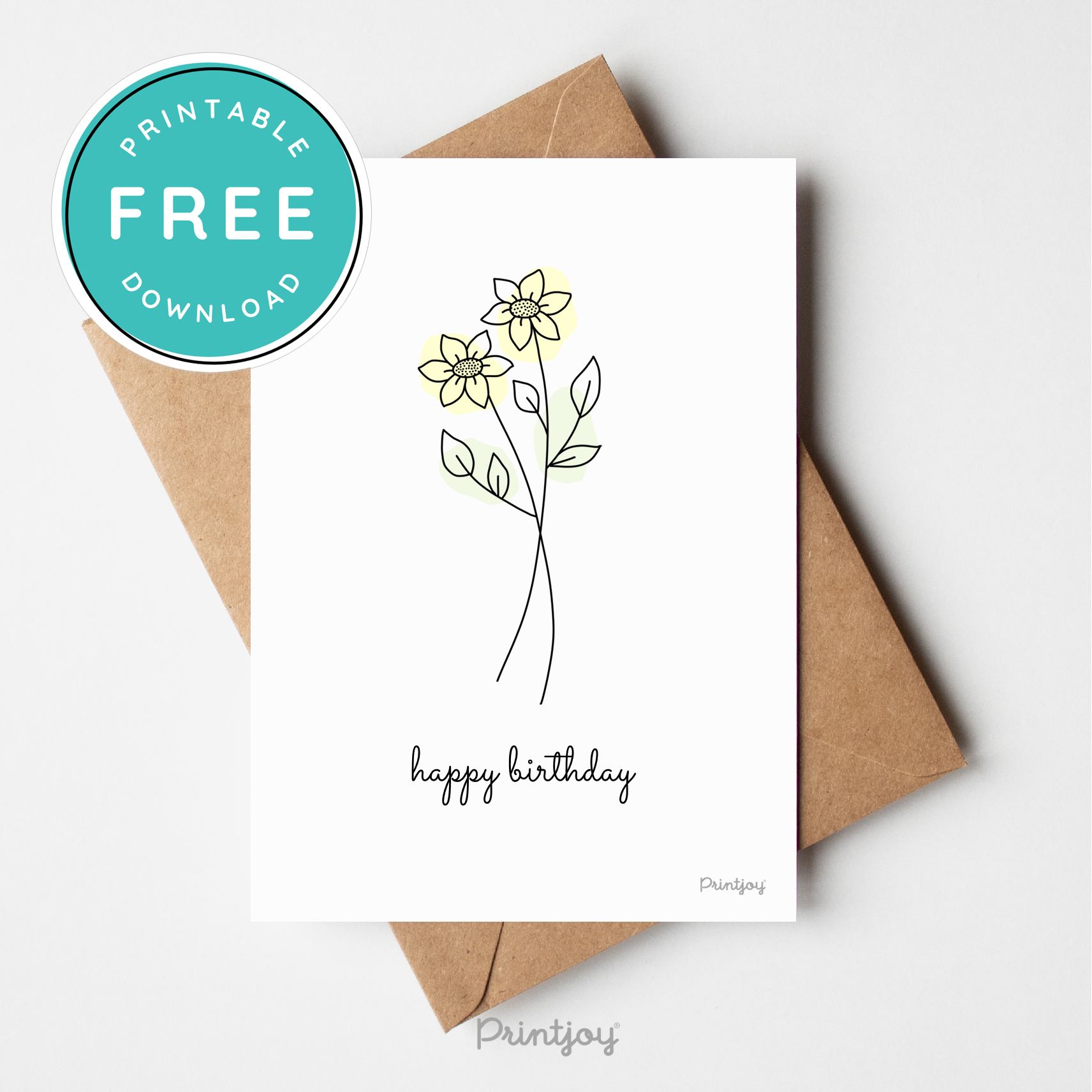 Happy Birthday Greeting Card Lovely Floral Line Art Free Printable - Printjoy