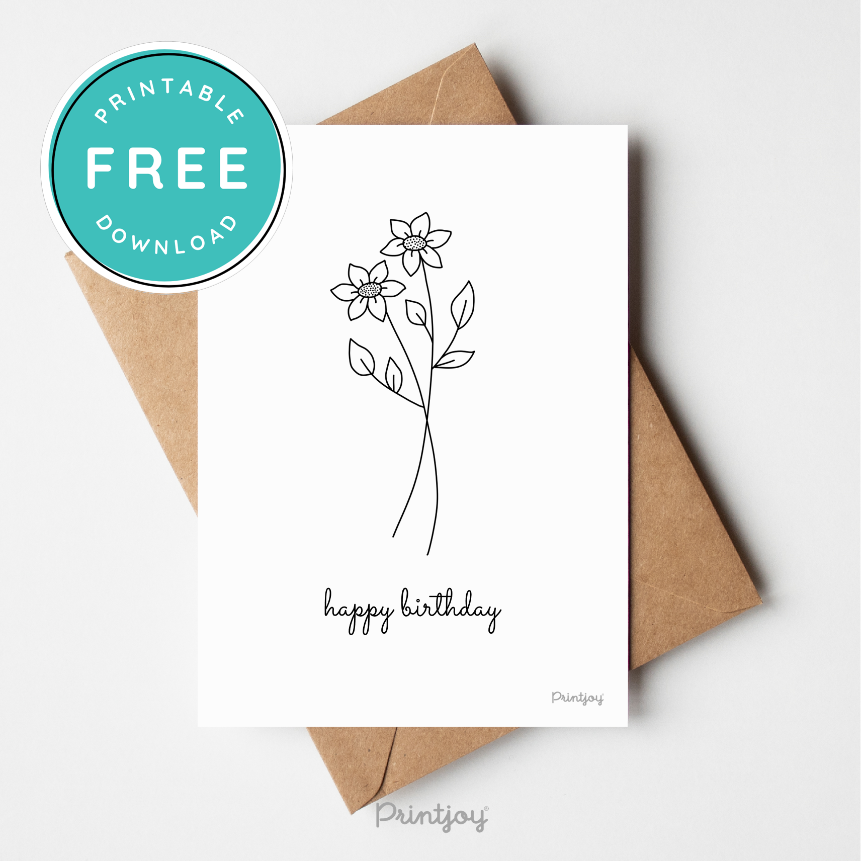 Happy Birthday Greeting Card Lovely Floral Line Art Free Printable - Printjoy