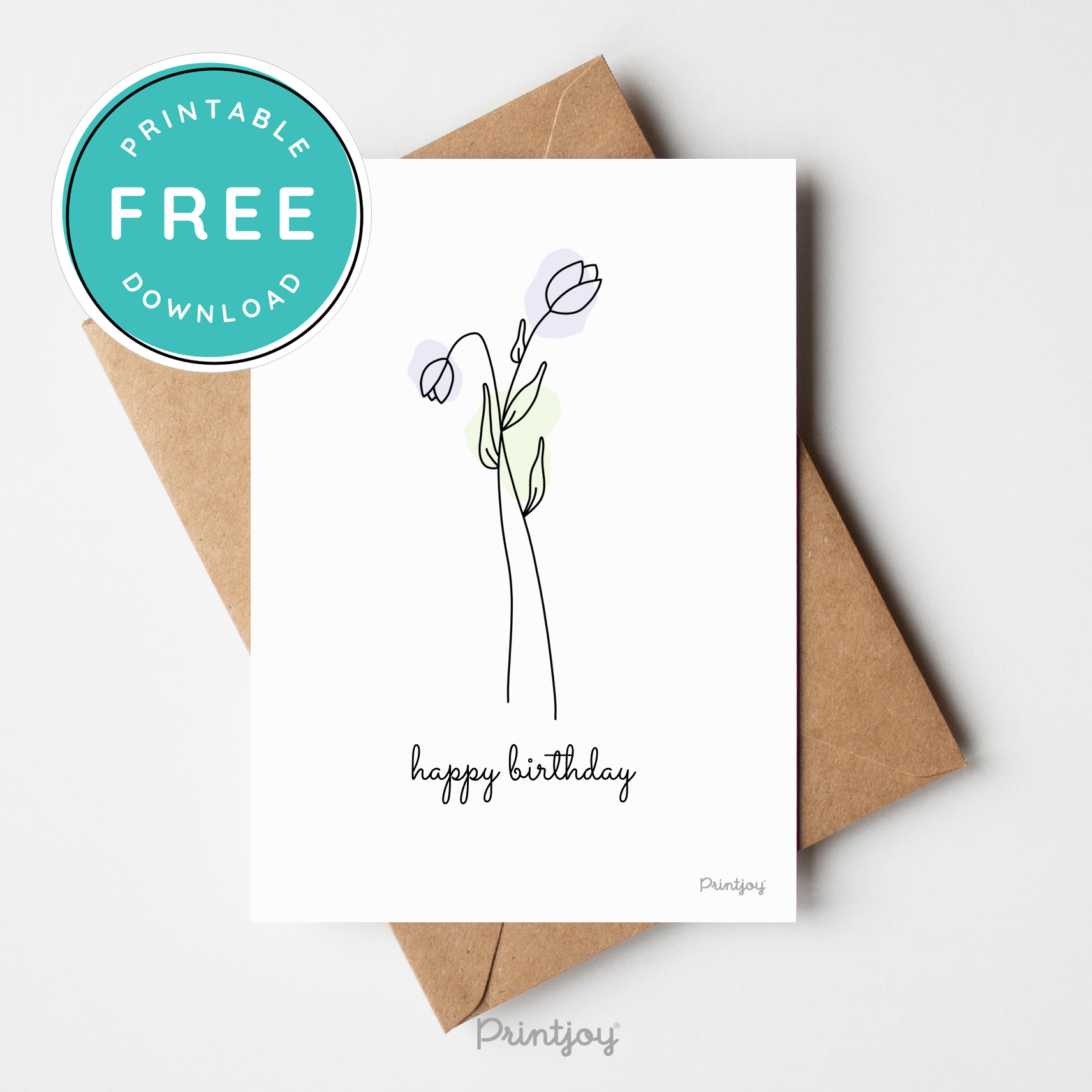Happy Birthday Greeting Card Lovely Floral Line Art Free Printable - Printjoy