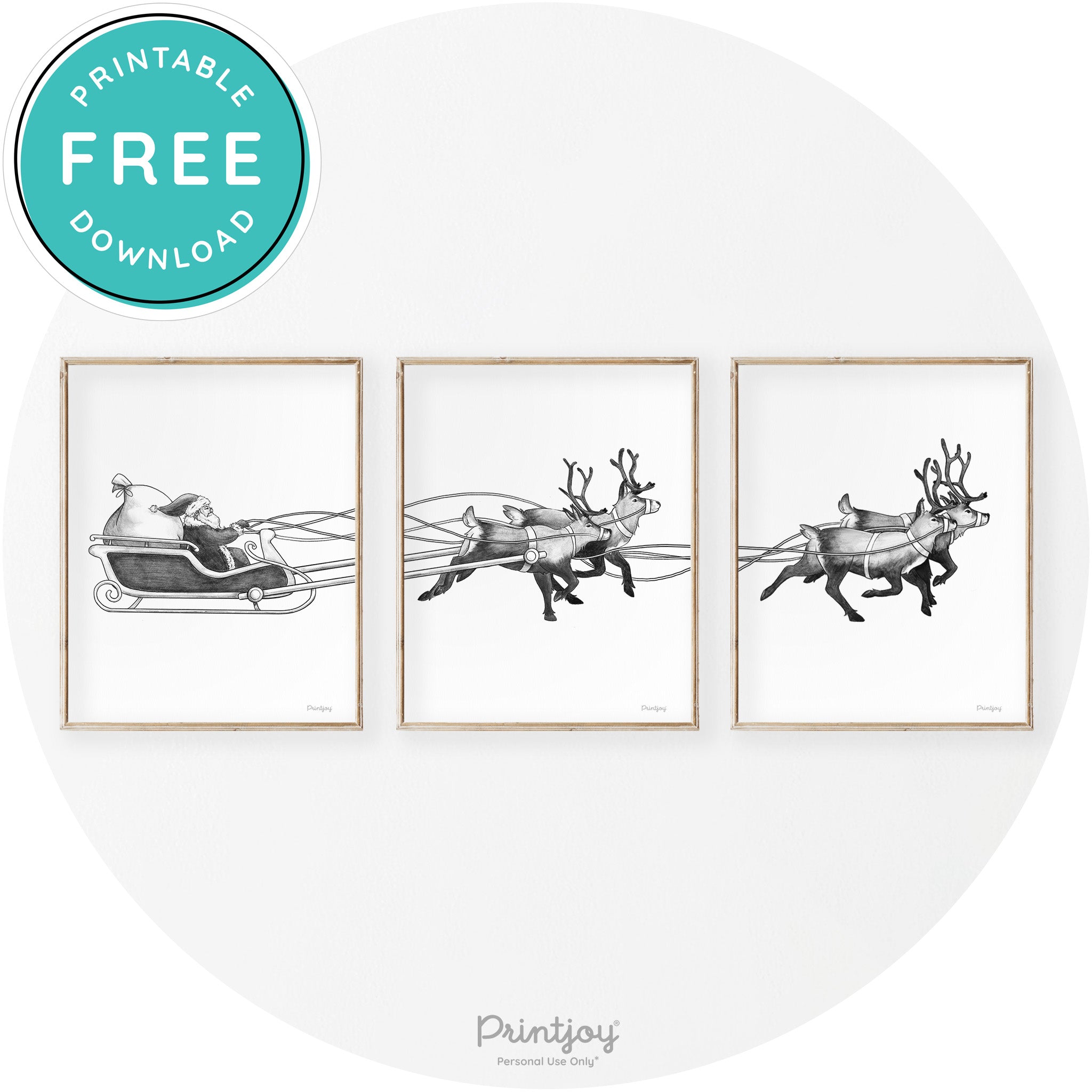 Santa Sleigh Reindeer Set Of 3 Modern Transitional Wall Art Free Printable