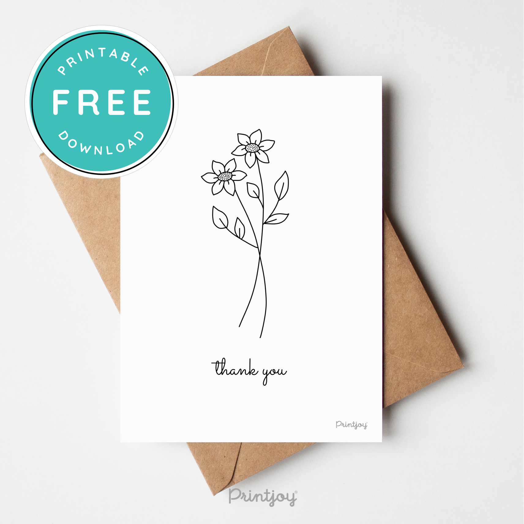 Thank You Greeting Card Stationery Lovely Floral Line Art Free Printable - Printjoy